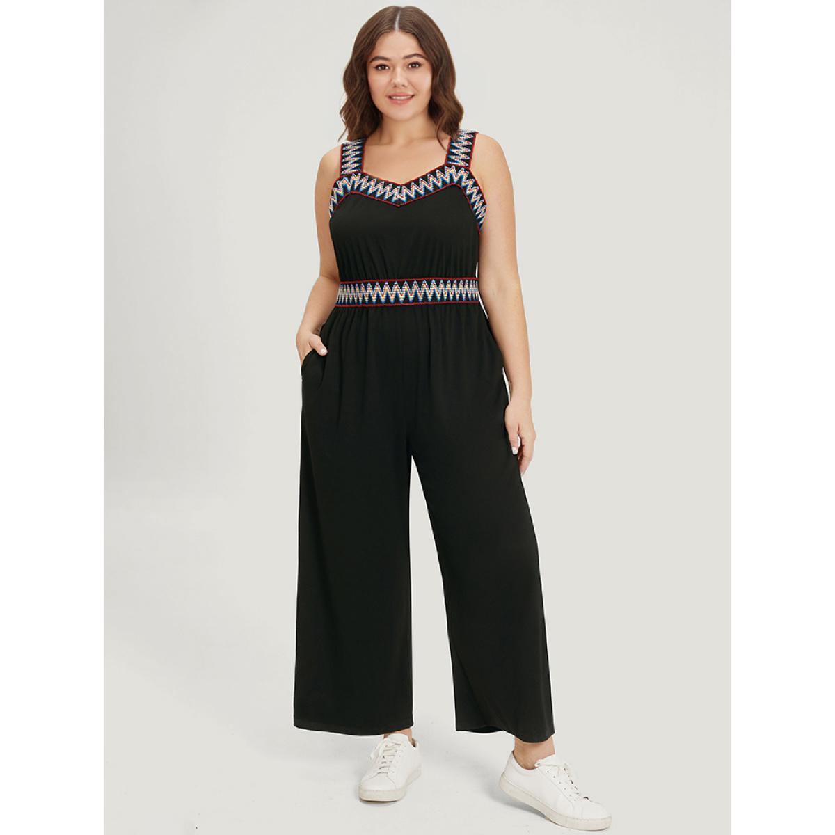 Plus Size Black Contrast Trim Pocket Patchwork Cami Jumpsuit Women Casual Sleeveless Spaghetti Strap Dailywear Loose Jumpsuits BloomChic 26/4X Product Image