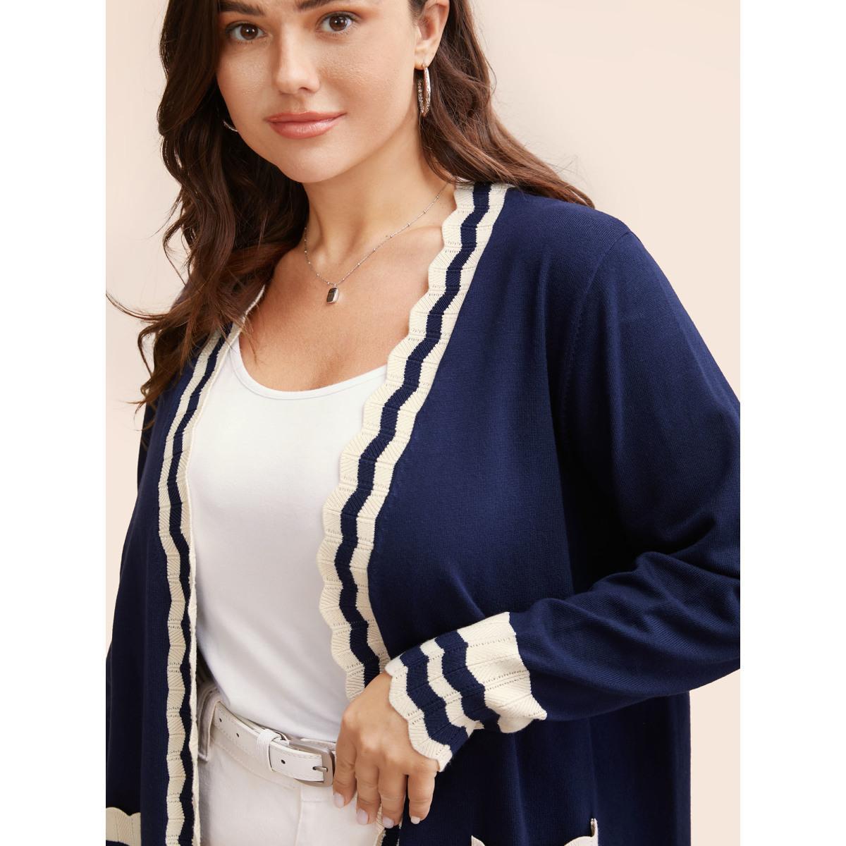 Plus Size Supersoft Essentials Scalloped Trim Contrast Cardigan Indigo Women Workwear Essentials Loose Long Sleeve Work Cardigans BloomChic 12/L Product Image