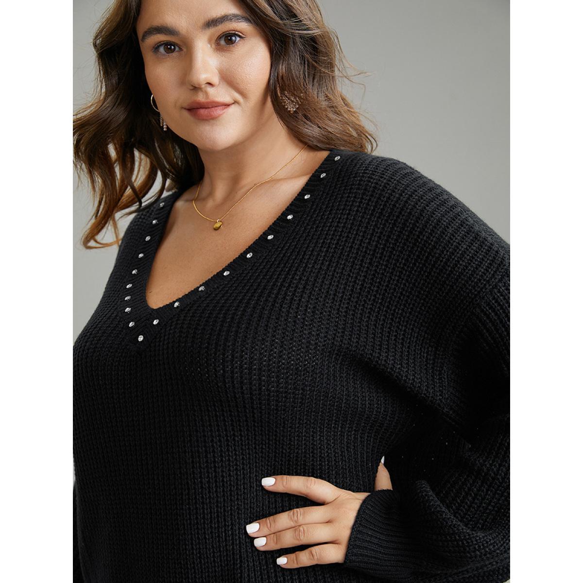 Plus Size Rhinestone V Neck Drop Shoulder Pullover Black Women Casual Loose Long Sleeve V-neck Dailywear Pullovers BloomChic 10/M Product Image