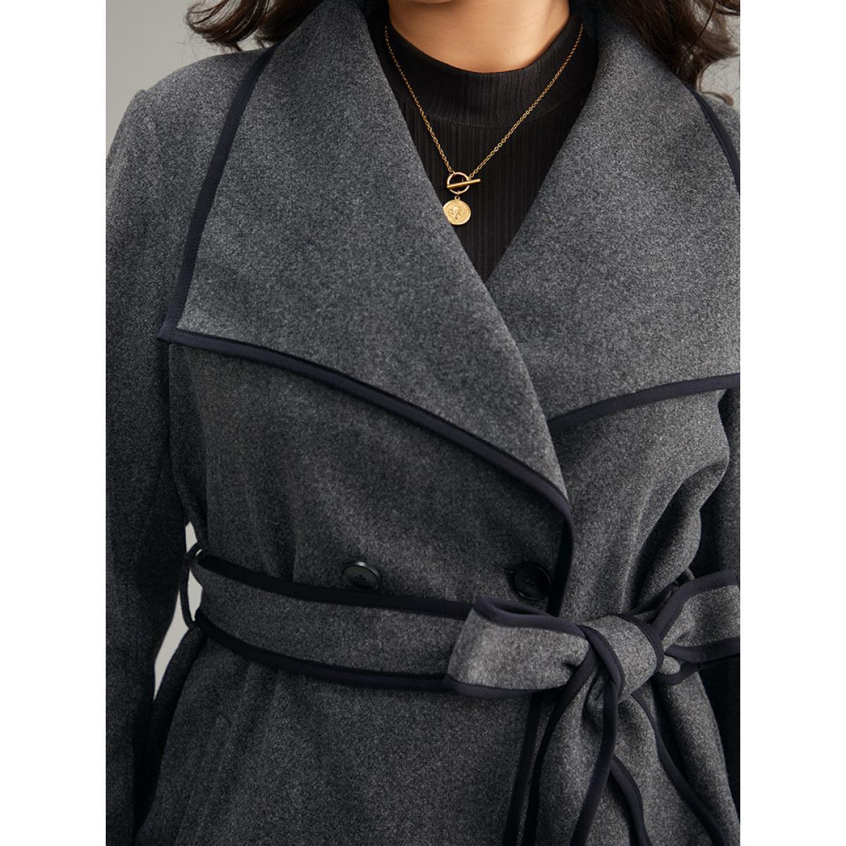 Plus Size Lapel Collar Contrast Trim Belted Button Up Coat Women DimGray Casual Belted Ladies Dailywear Winter Coats BloomChic 12/L Product Image