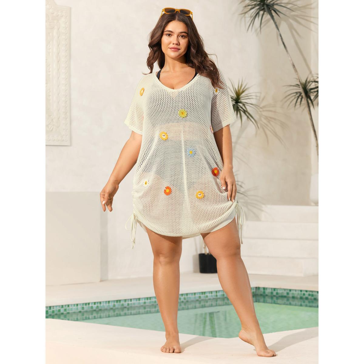 Plus Size Crochet Floral Knotted Drawstring Swim Cover-Up Women's Swimwear Originalwhite Beach Loose Texture Curve Swim Cover Ups BloomChic 18-20/2X Product Image