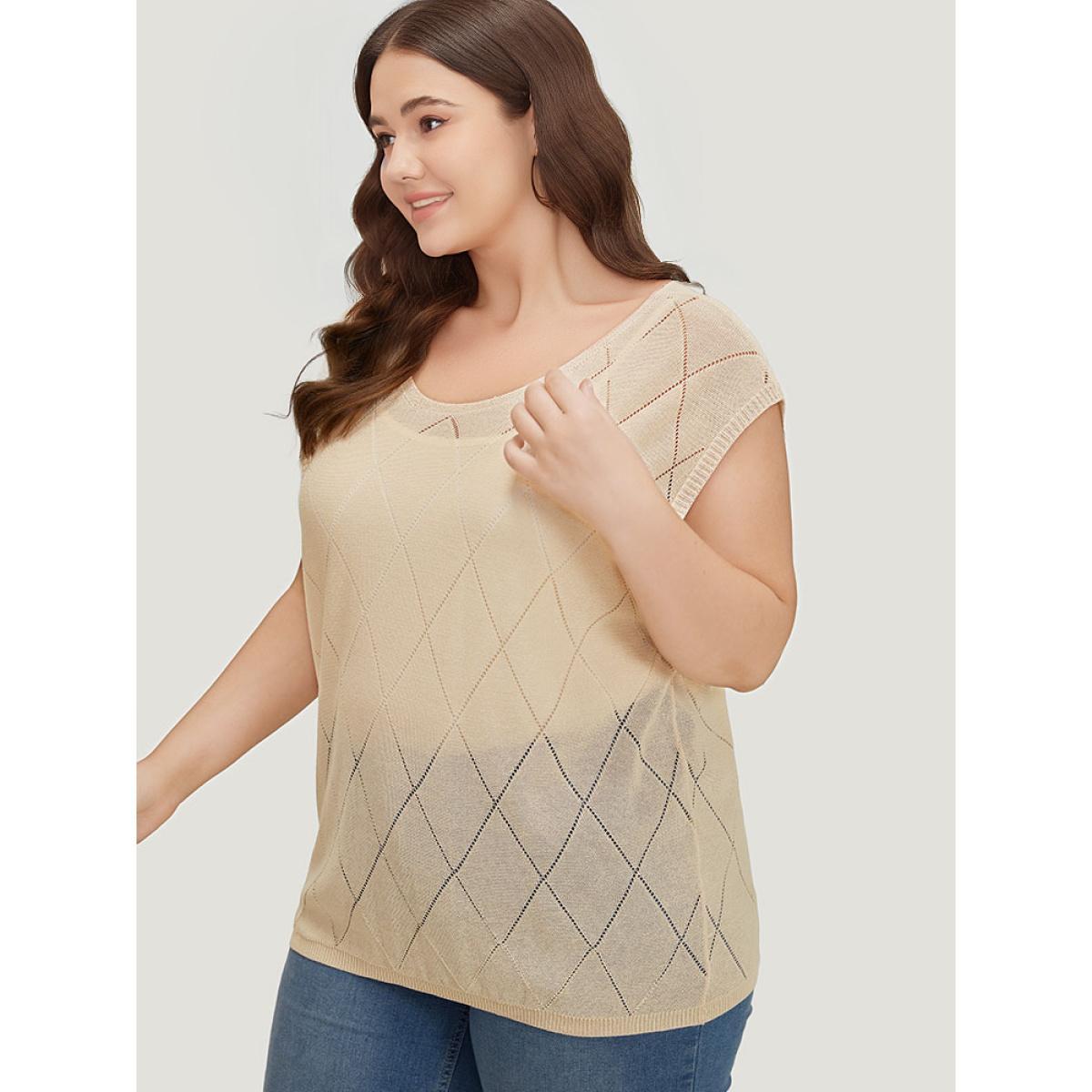 Plus Size Lightweight Argyle Eyelet Batwing Sleeve Pullover Apricot Women Casual Short sleeve Round Neck Everyday Pullovers BloomChic 10/M Product Image