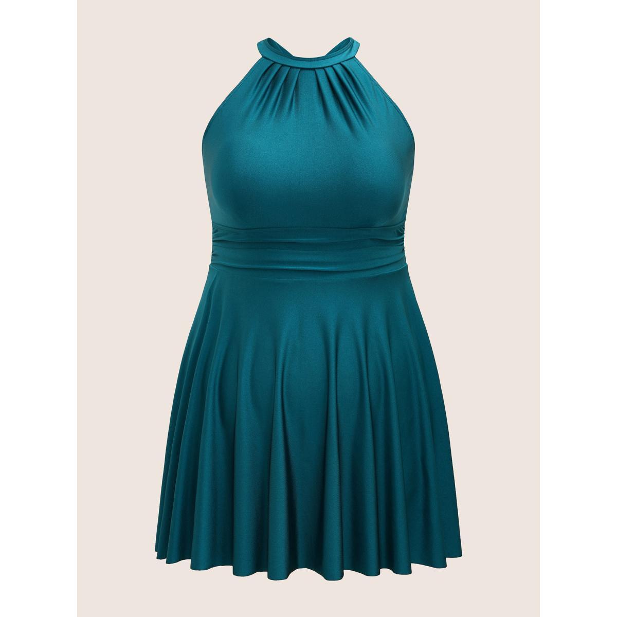 Plus Size Halter Back Crisscross Pleated Swim Dress Women's Swimwear Cyan Beach Bodycon Halter neck High stretch Curve Swim Dresses BloomChic 14-16/1X Product Image