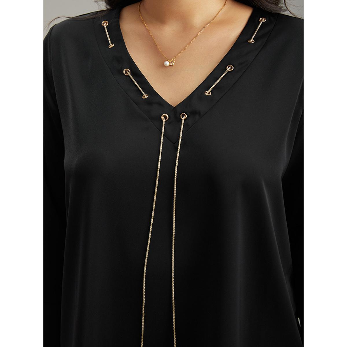 Plus Size Black Contrast Chain Bell Sleeve Eyelet Blouse Women Office Long Sleeve V-neck Work Blouses BloomChic 10/M Product Image