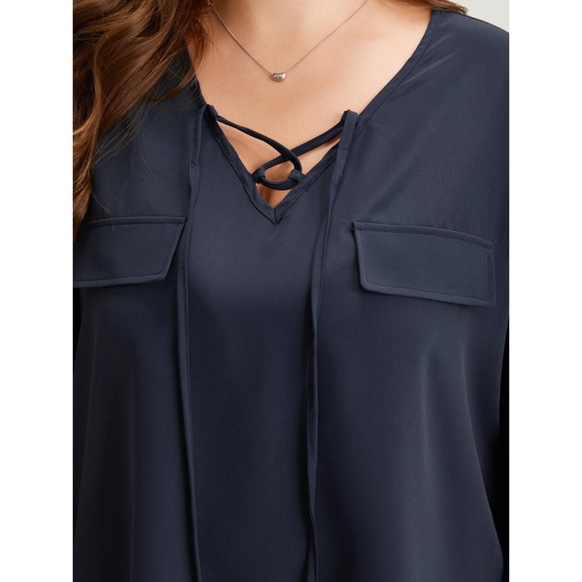 Plus Size Indigo Solid Elastic Cuffs Lace Up Blouse Women Office Long Sleeve V-neck Work Blouses BloomChic 22-24/3X Product Image