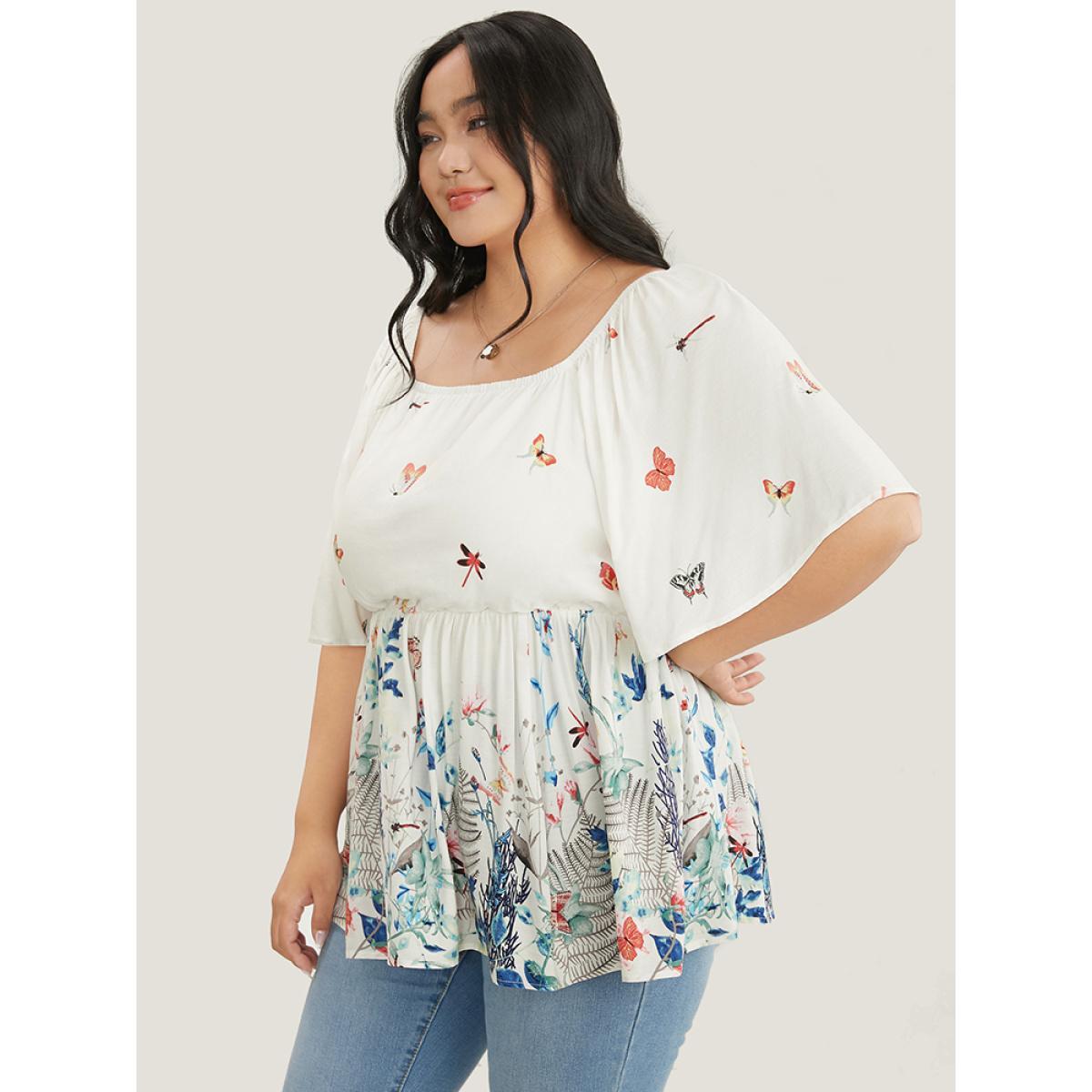 Plus Size White Butterfly & Floral Print Square Neck Ruffles Blouse Women Vacation Short sleeve Square Neck Dailywear Blouses BloomChic 12/L Product Image