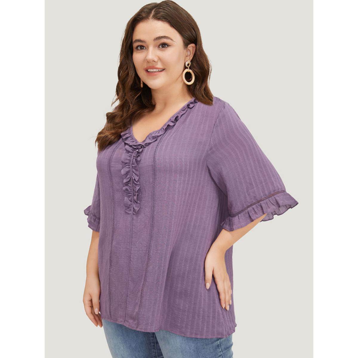Plus Size Mauve Plain Ruffle Trim Cut Out Blouse Women Elegant Half Sleeve V-neck Dailywear Blouses BloomChic 30/6X Product Image