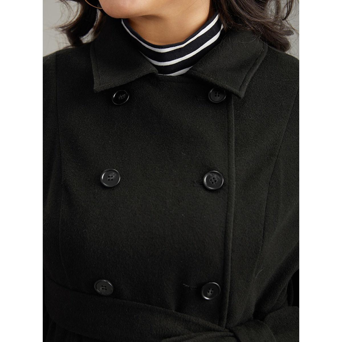 Plus Size Plain Belted Double Breasted Pocket Coat Women Black Casual Plain Ladies Dailywear Winter Coats BloomChic 18-20/2X Product Image