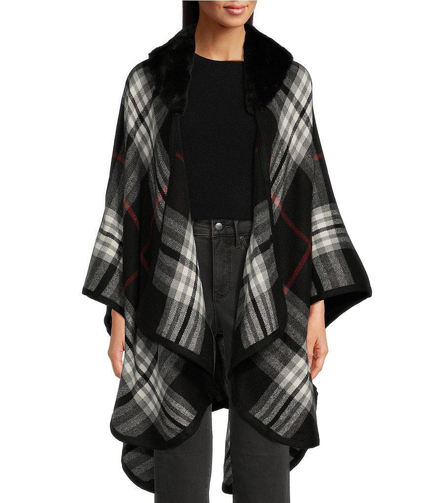 Fraas Exploded Plaid Faux Fur Collar Ruana Product Image