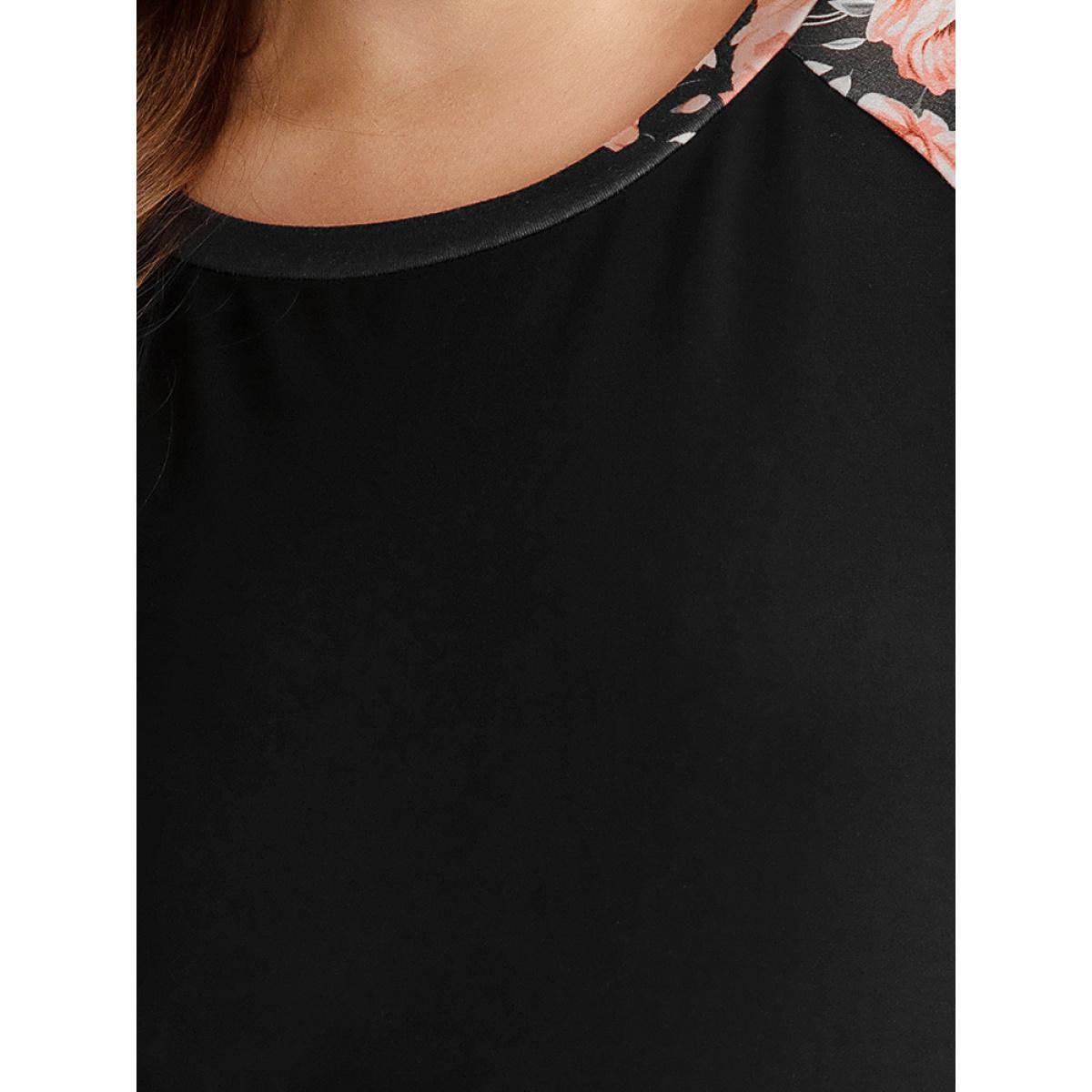 Plus Size Floral Print Raglan Sleeve Patchwork Sweatshirt Women Black Elegant Printed Round Neck Everyday Sweatshirts BloomChic 18-20/2X Product Image