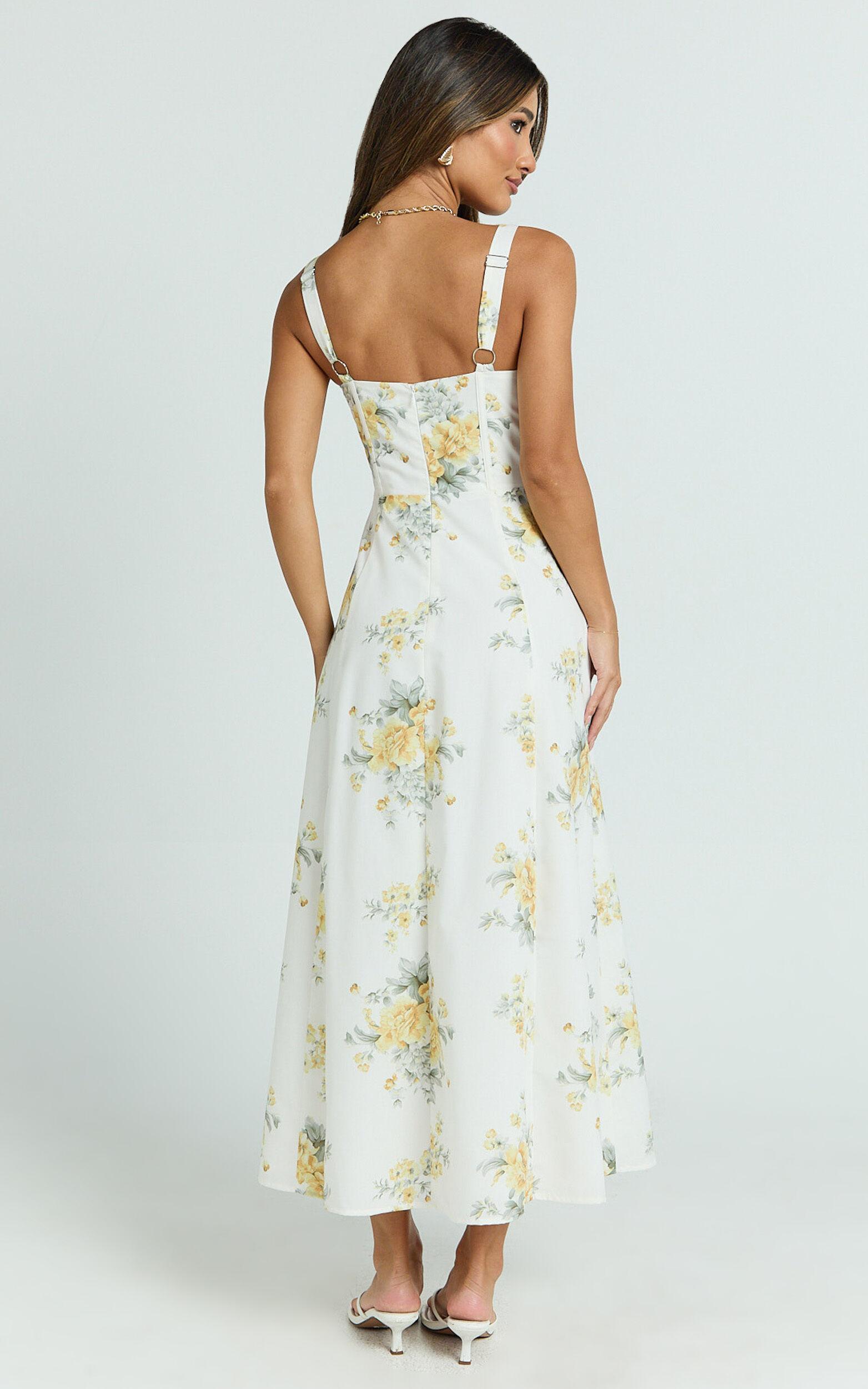 Gretel Midi Dress - Tie Front Corset Leg Split Dress in Antique Florals Product Image