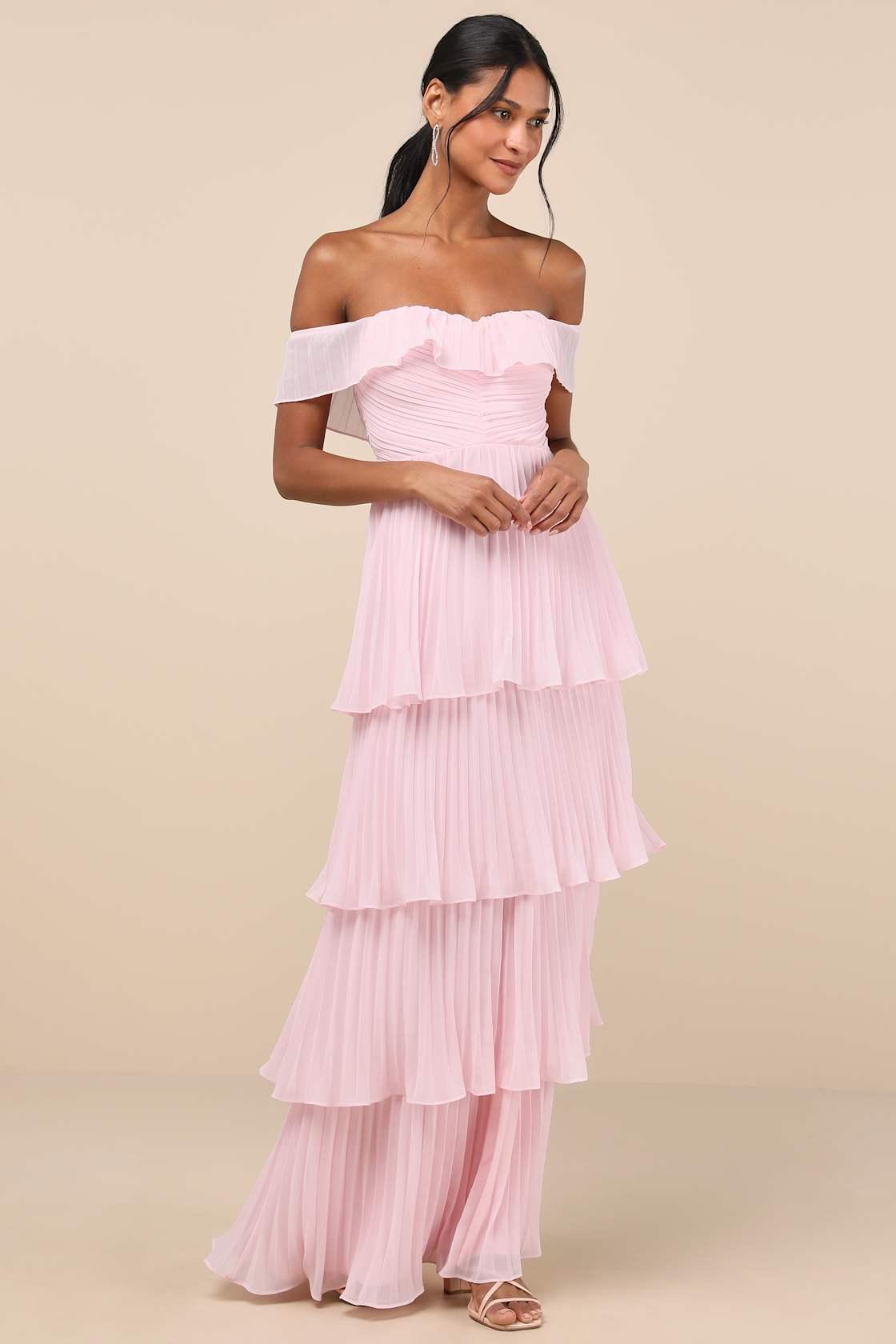 Always Remarkable Pink Pleated Off-the-Shoulder Maxi Dress Product Image