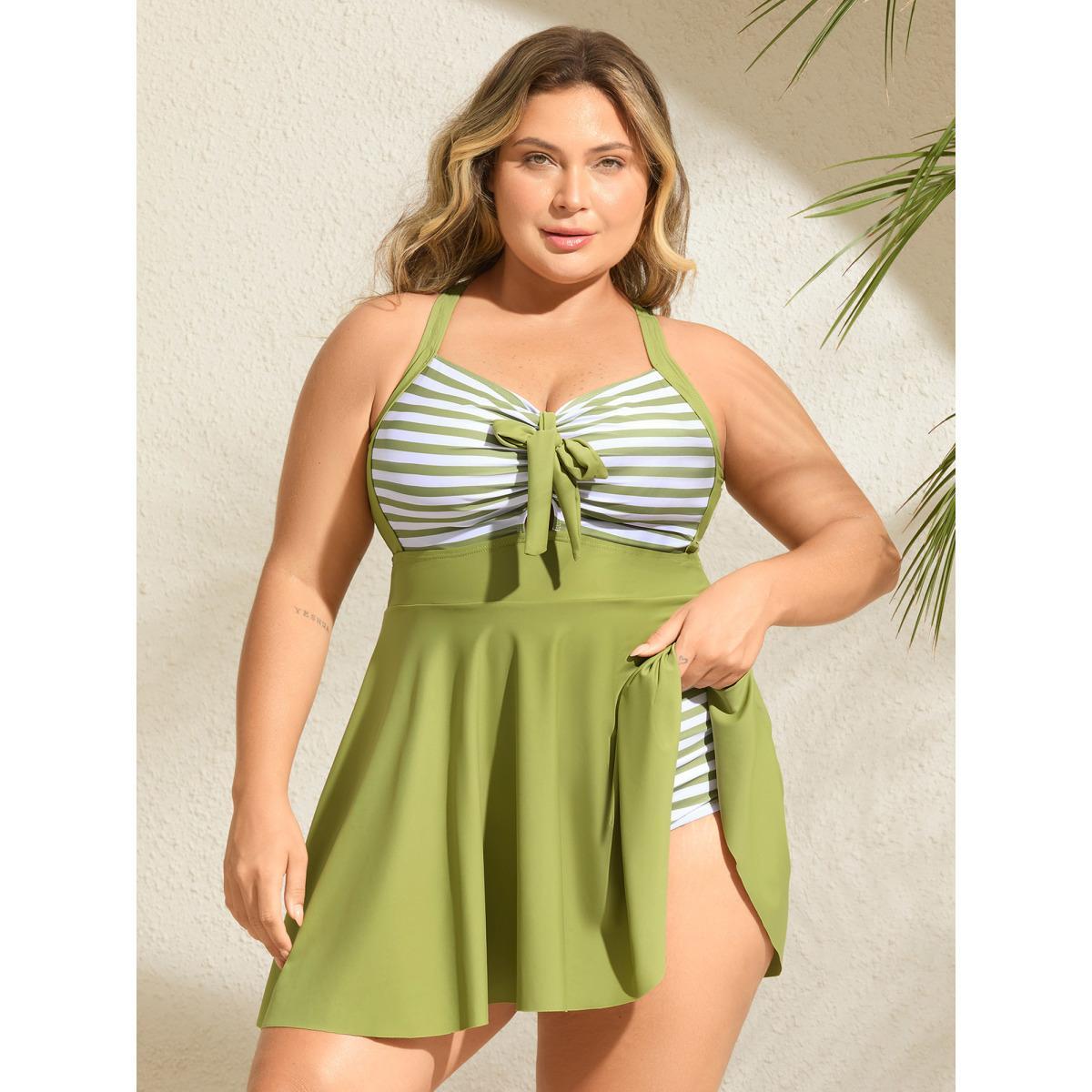 Plus Size Stripes Patchwork Tie Knot Cross Straps Swim Dress Women's Swimwear Applegreen Beach Bodycon Heart neckline High stretch Curve Swim Dresses BloomChic 12/L Product Image