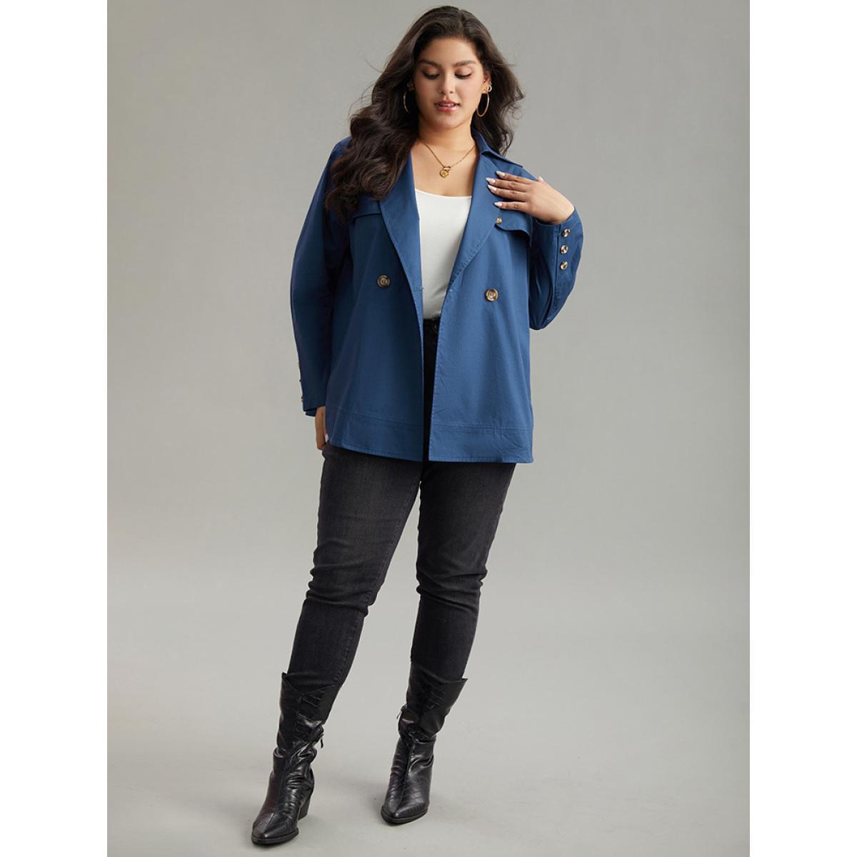 Plus Size Anti-Wrinkle Solid Pocket Button Up Windbreaker Women Blue Casual Plain Ladies Dailywear Winter Coats BloomChic 22-24/3X Product Image