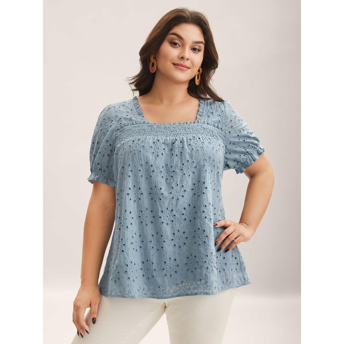 Plus Size Stone Eyelet Trim Shirred Neck Puffy Sleeve Blouse Women Short sleeve Square Neck Vacation Blouses BloomChic 28/5X Product Image