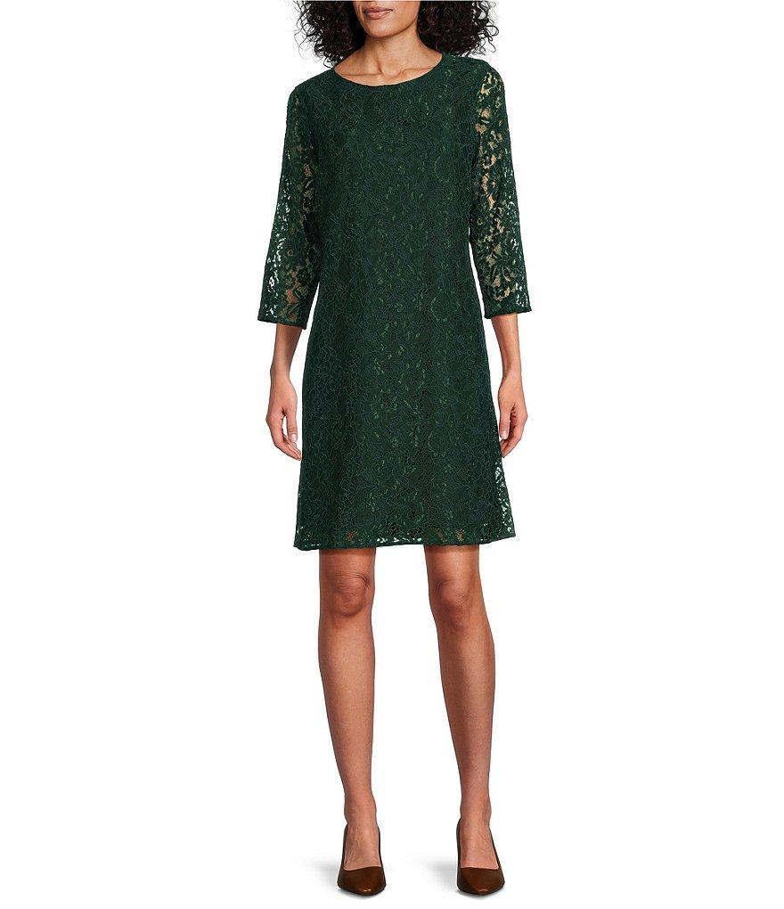 Caroline Rose Lace Round Neck 3/4 Sleeve Shift Dress Product Image