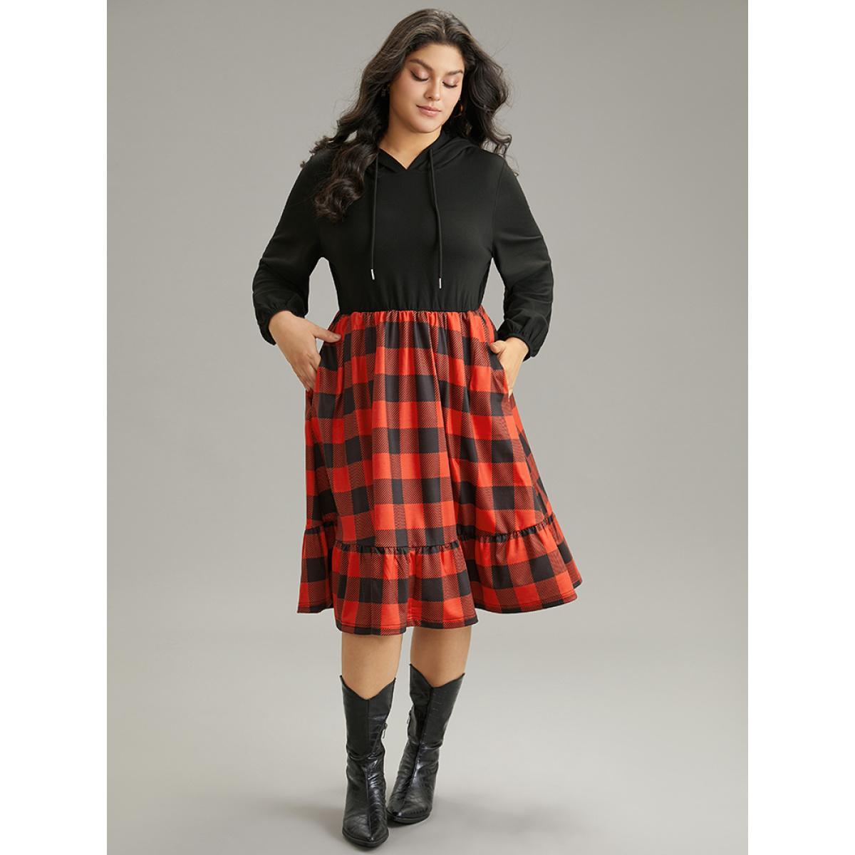 Plus Size Plaid Patchwork Ruffle Hem Hooded Lantern Sleeve Dress Black Women Casual Elastic cuffs Hooded Long Sleeve Curvy Midi Dress BloomChic 30/6X Product Image