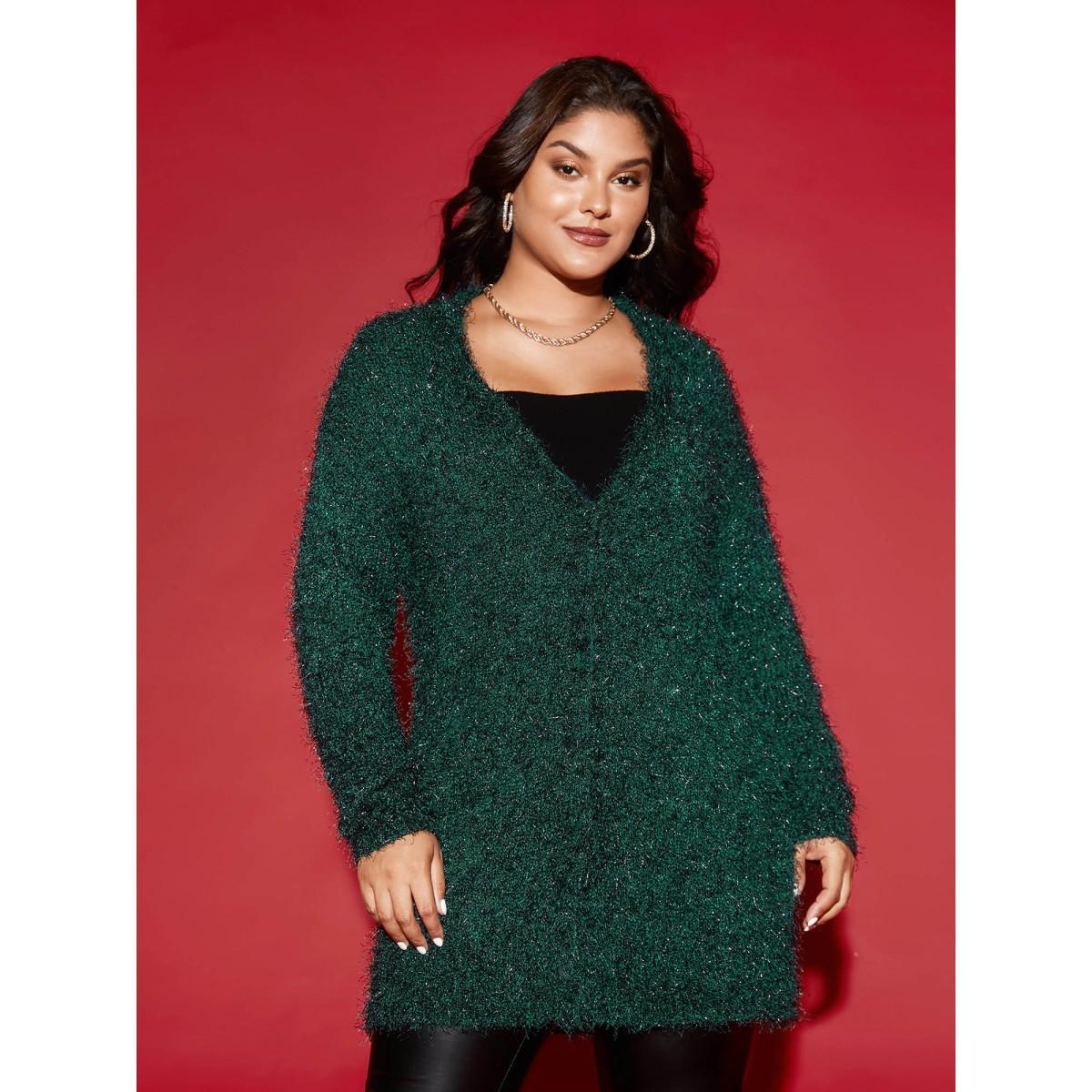 Plus Size Shimmery V-neck Button-Front Cardigan DarkGreen Women Cocktail Loose Long Sleeve Party Cardigans BloomChic 22-24/3X Product Image