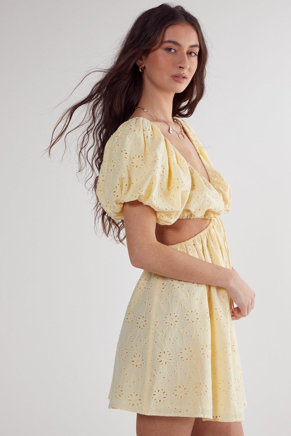 Broderie Cut Out Tie Front Puff Sleeve Skater Dress Product Image