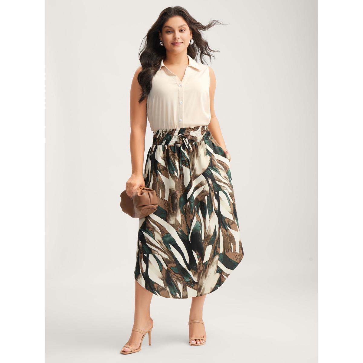 Plus Size Brushstroke Print Stretchy Waist Midi Skirt Women Apricot Work From Home No stretch Side seam pocket Work Skirts BloomChic 28/5X Product Image