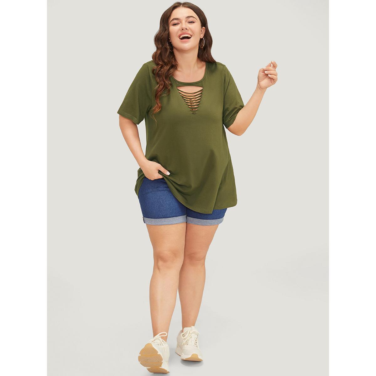 Plus Size Plain Cut Out Short Sleeve T-shirt ArmyGreen Women Casual Cut-Out Plain Round Neck Dailywear T-shirts BloomChic 22-24/3X Product Image