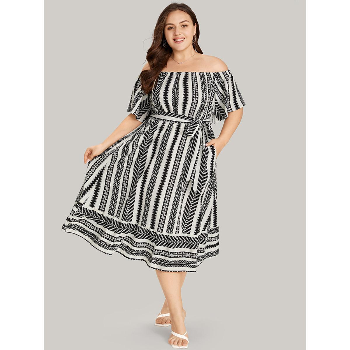Plus Size Striped Off Shoulder Pocket Patchwork Belted Dress White Women Vacation Belted One-shoulder neck Short sleeve Curvy Midi Dress BloomChic 18-20/2X Product Image