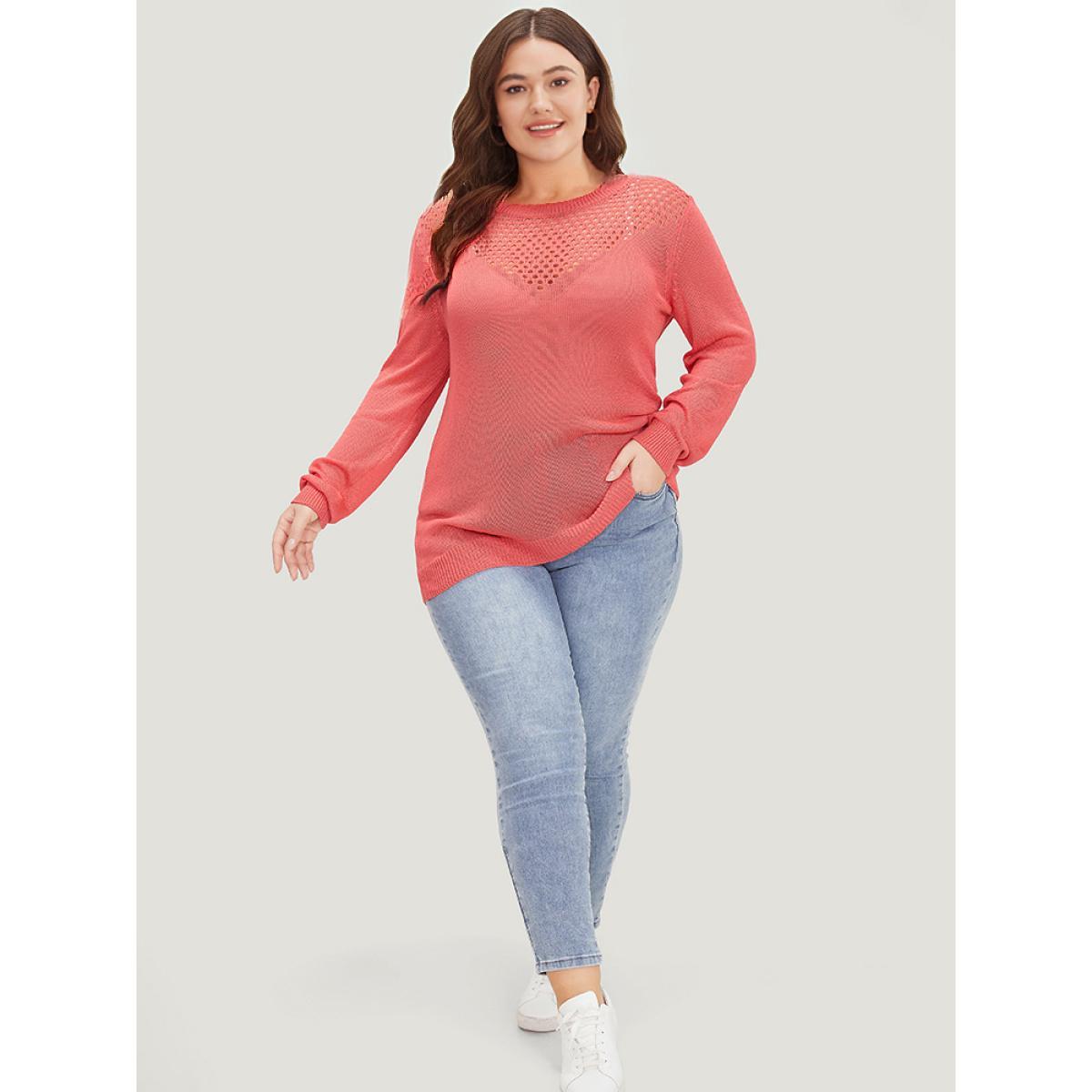 Plus Size Plain Patchwork Cut Out Round Neck Pullover Watermelon Women Casual Bodycon Long Sleeve Round Neck Everyday Pullovers BloomChic 28/5X Product Image
