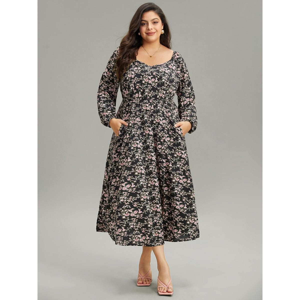 Plus Size Ditsy Floral Pocket Plicated Detail Split Side Dress Black Women Elegant Elastic cuffs Square Neck Long Sleeve Curvy Midi Dress BloomChic 10/M Product Image