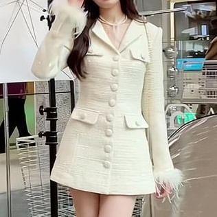 Long-Sleeve Button-Up Plain Mini Blazer Dress Product Image