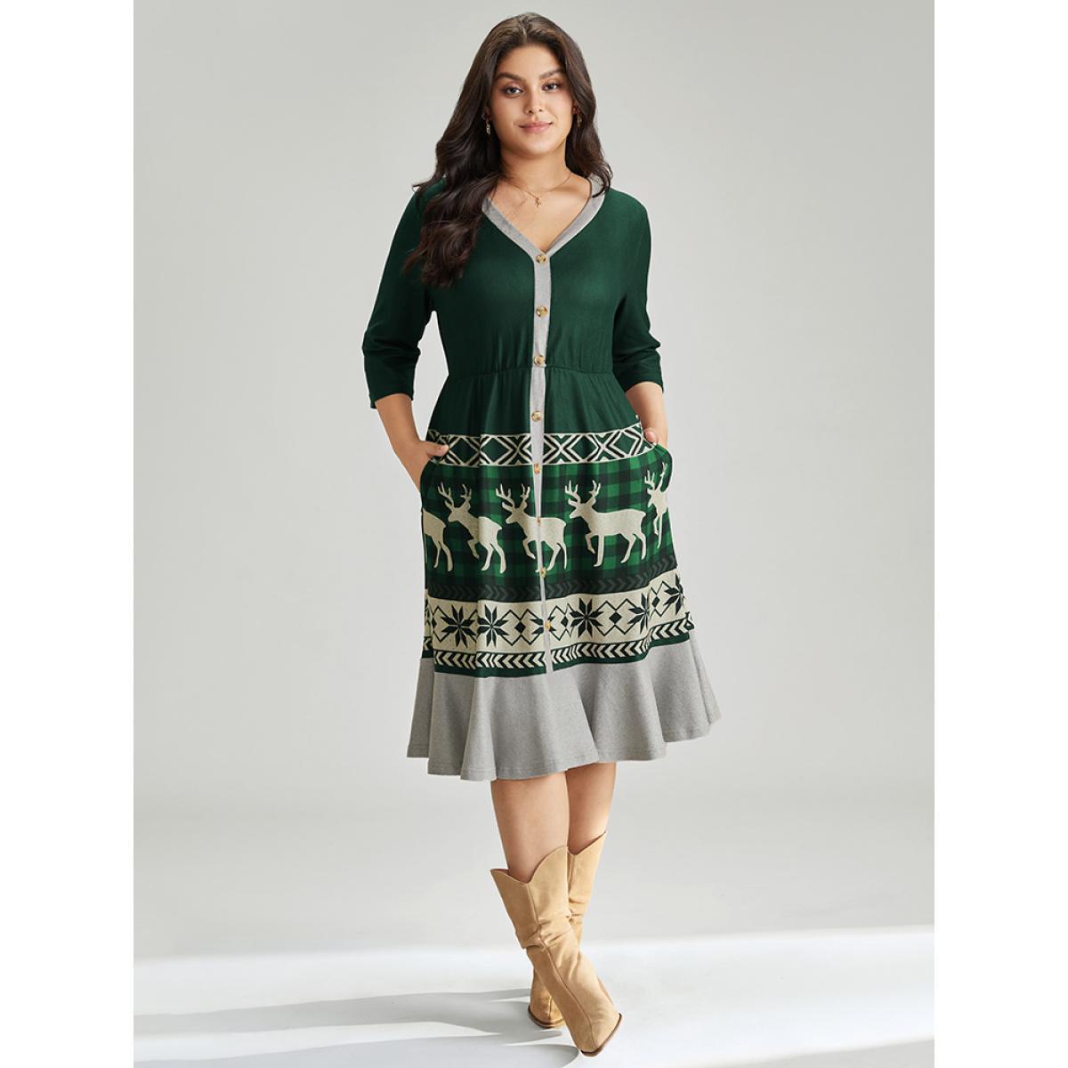 Plus Size Christmas Elk Elastic Waist Patchwork Button Detail Dress DarkGreen Women Casual Printed V-neck Elbow-length sleeve Curvy Midi Dress BloomChic 10/M Product Image