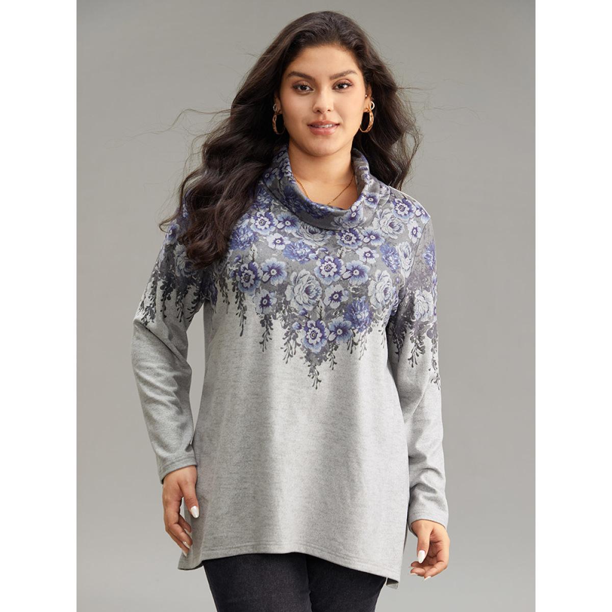 Plus Size Boho Print Mock Neck T-shirt Gray Women Casual Plain Floral Mock Neck Dailywear T-shirts BloomChic 28/5X Product Image
