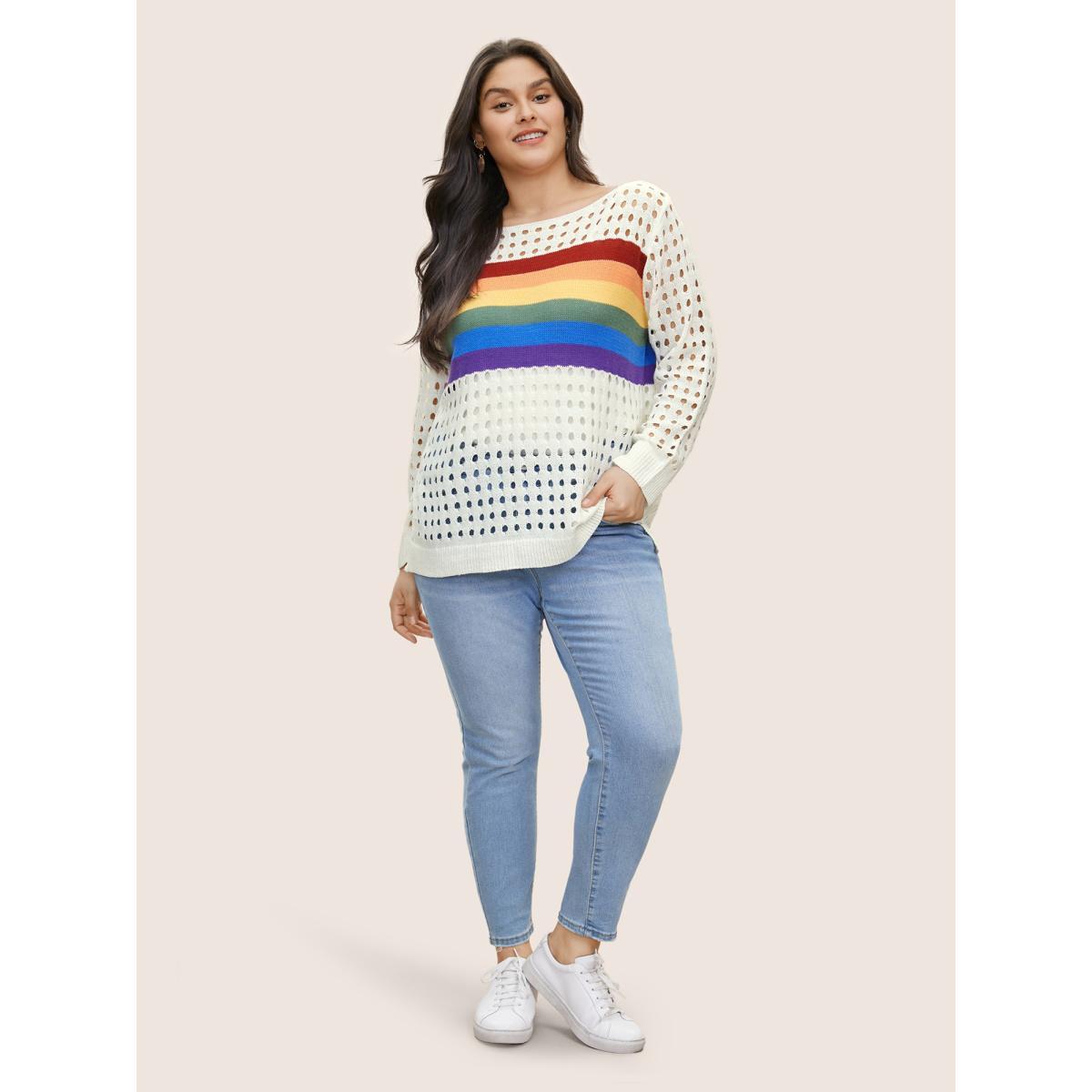 Plus Size Contrast Striped Boat Neck Cut Out Pullover White Women Resort Long Sleeve Boat Neck Vacation Pullovers BloomChic 10/M Product Image
