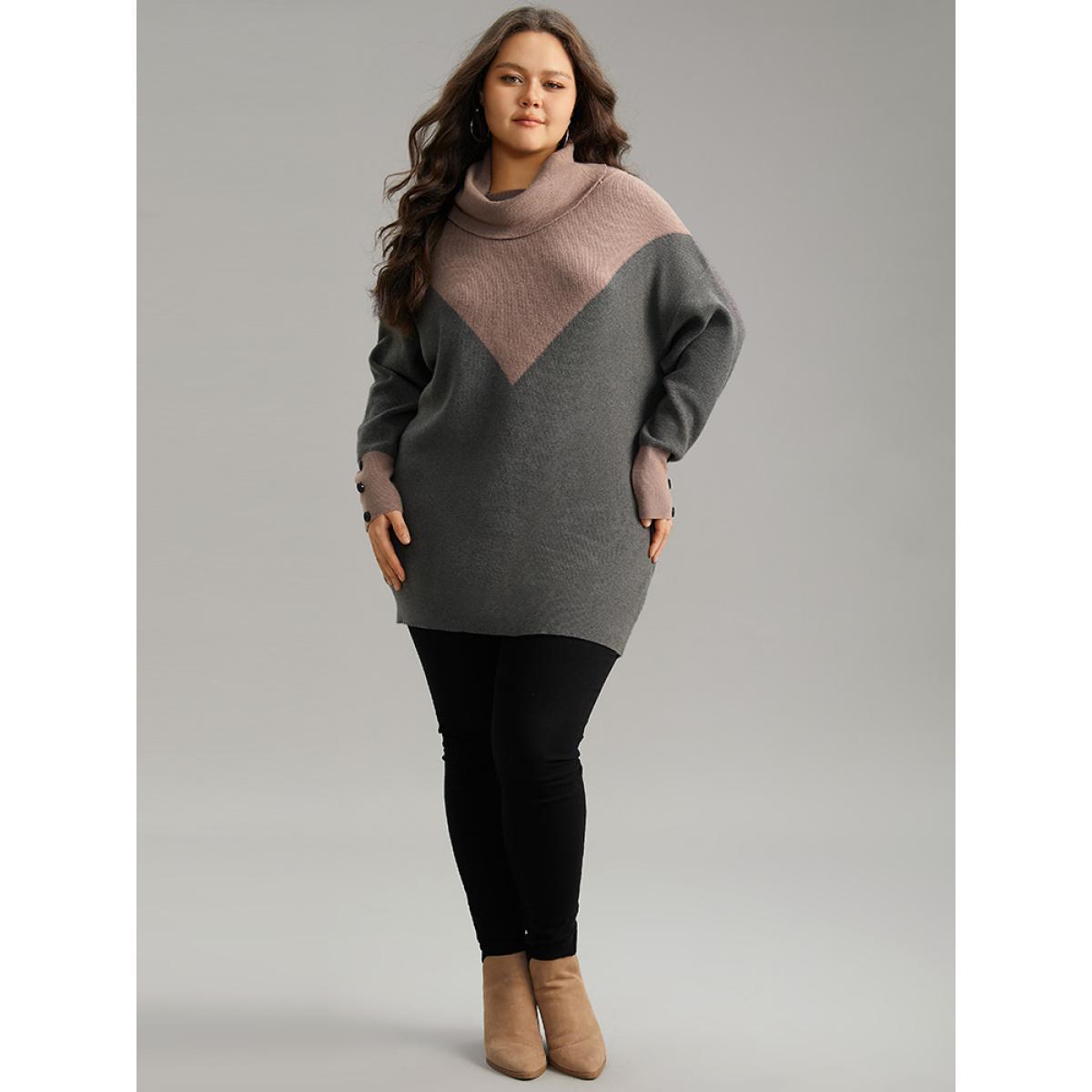Plus Size Supersoft Essentials Turtleneck Contrast Button Detail Pullover DimGray Women Casual Loose Long Sleeve Turtleneck Dailywear Pullovers BloomChic 28/5X Product Image