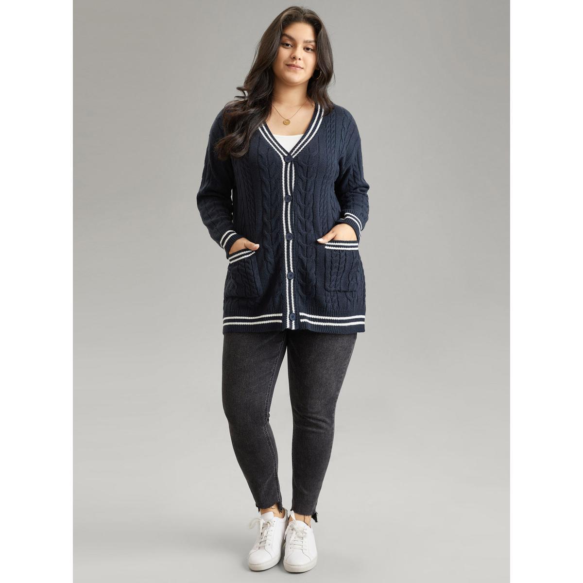 Plus Size Cable Knit Contrast Striped Button Through Cardigan Midnight Women Casual Loose Long Sleeve Dailywear Cardigans BloomChic 30/6X Product Image