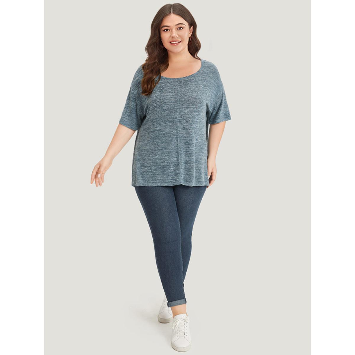 Plus Size Heather Cut Out Drop Shoulder T-shirt Aegean Women Casual Heather Plain Round Neck Dailywear T-shirts BloomChic 10/M Product Image