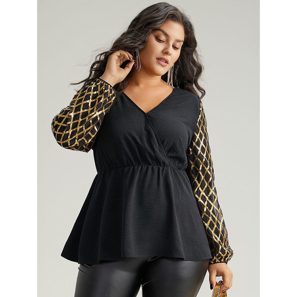 Plus Size Black Plaid Sequin Patchwork Wrap Blouse Women Glamour Long Sleeve Overlap Collar Festival-Christmas Blouses BloomChic 12/L Product Image
