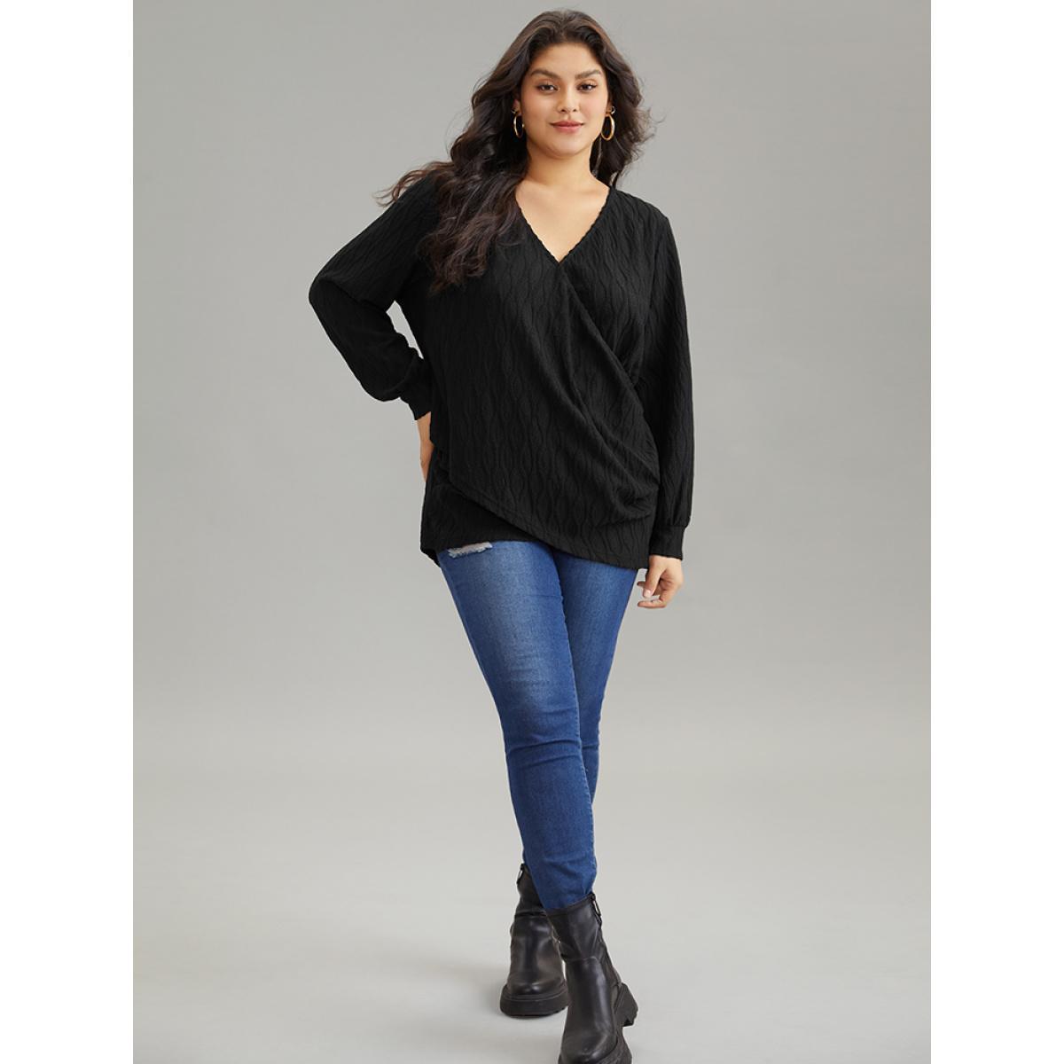 Plus Size Black Solid Jacquard Overlap Collar Crossover Blouse Women Casual Long Sleeve Overlap Collar Dailywear Blouses BloomChic 26/4X Product Image