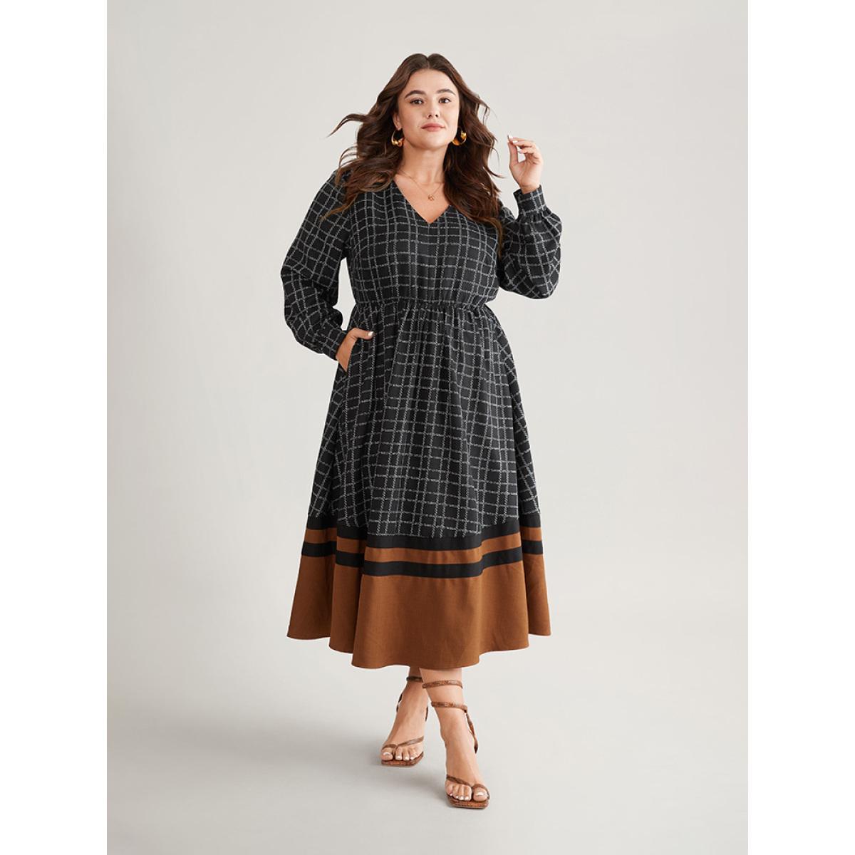 Plus Size Gingham Gingham Patchwork Pocket Gathered Dress Black Women Office Contrast V-neck Long Sleeve Curvy Midi Dress BloomChic 12/L Product Image