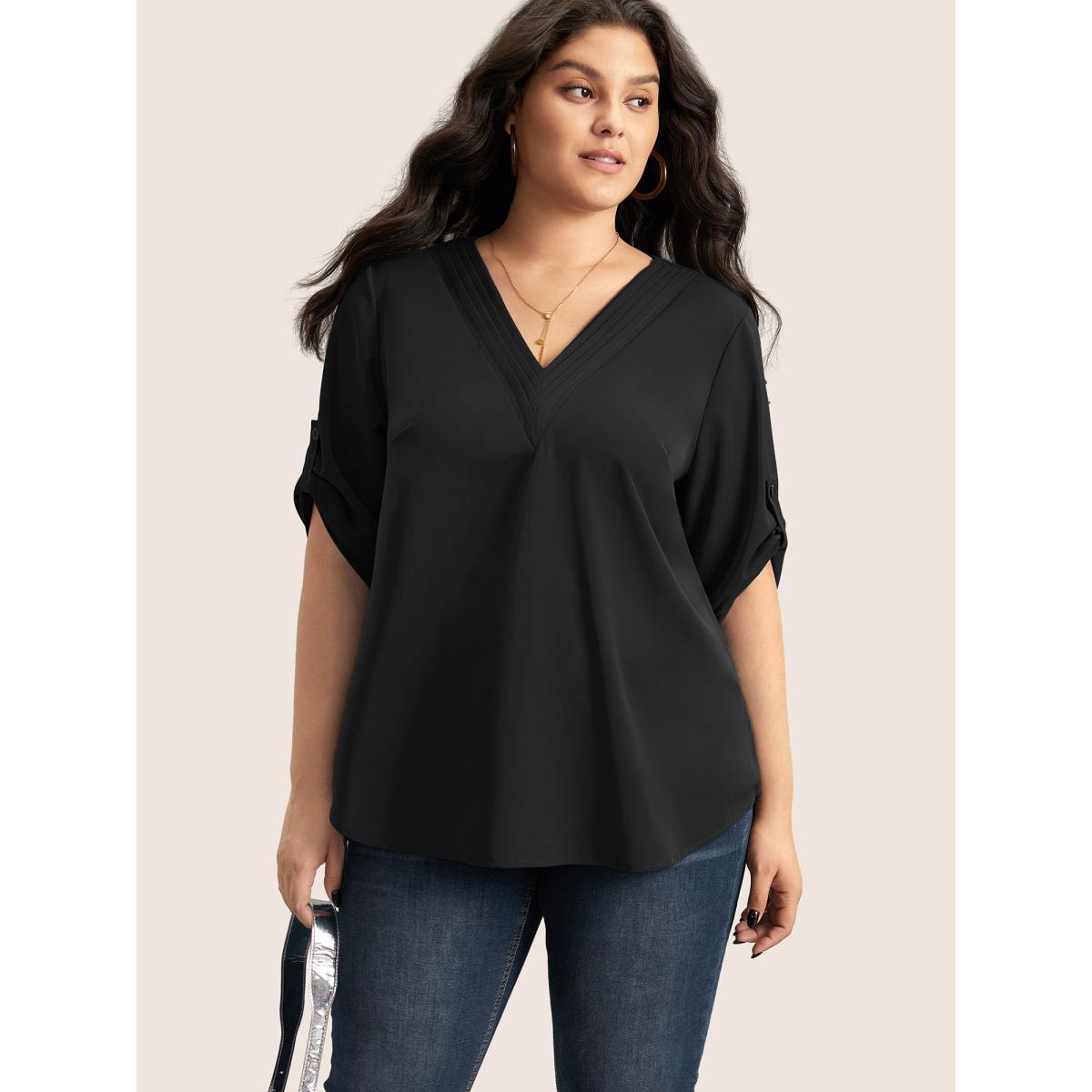 Plus Size Black V Neck Plain Pleated Tab Sleeve Blouse Women At the Office Elbow-length sleeve V-neck Work Blouses BloomChic 18-20/2X Product Image