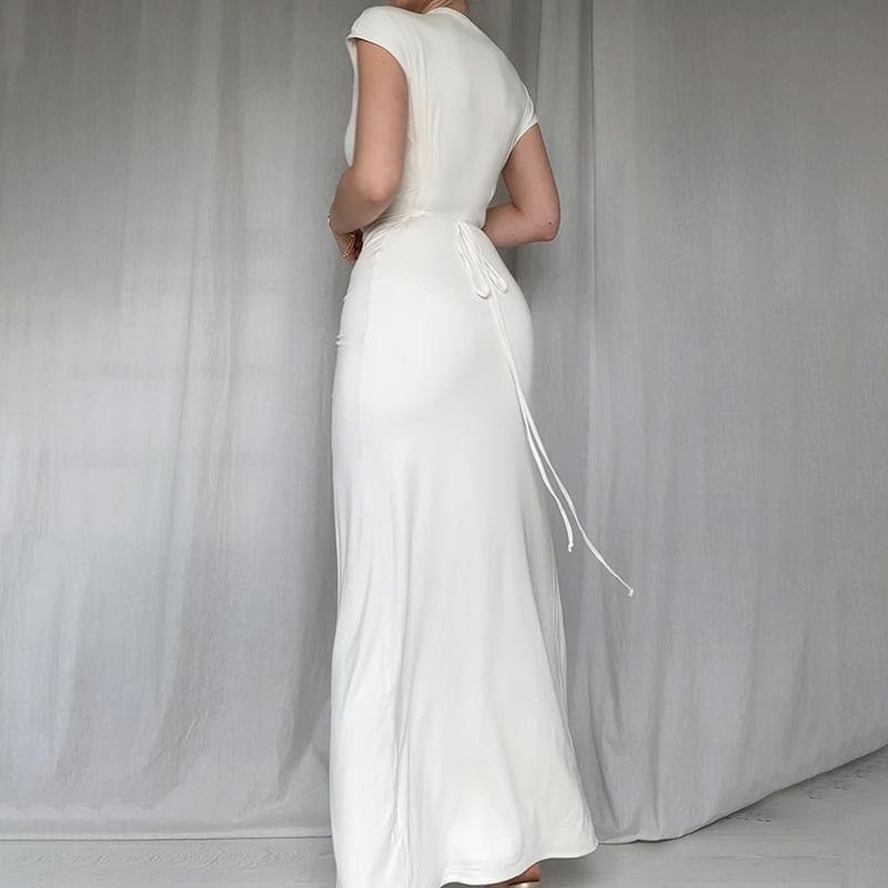 Short-Sleeve Asymmetrical Neck Plain Ruched Side-Slit Maxi Sheath Dress Product Image