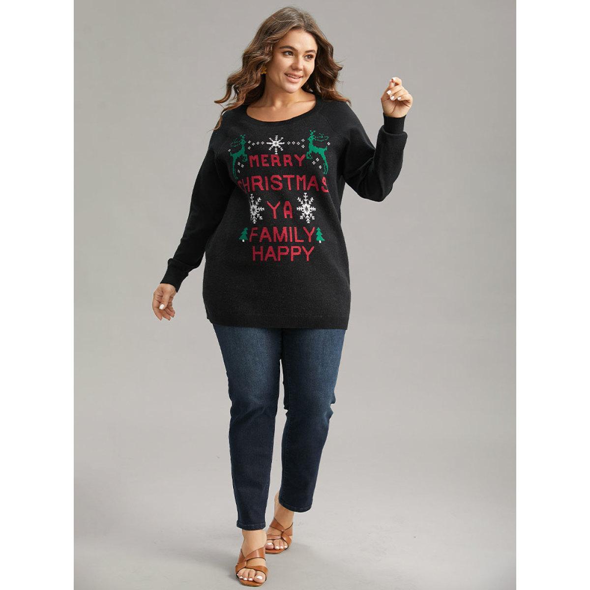 Plus Size Supersoft Essentials Christmas Elk Letter Crew Neck Pullover Black Women Casual Long Sleeve Round Neck Festival-Christmas Pullovers BloomChic 30/6X Product Image