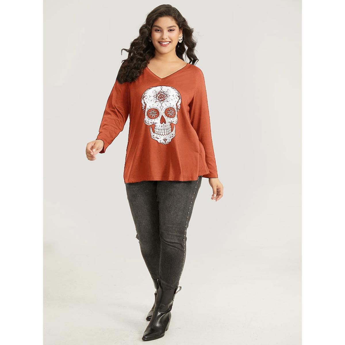 Plus Size Halloween Skull Print Long Sleeve T-shirt Chocolate Women Casual Printed Halloween Festival-Halloween T-shirts BloomChic 12/L Product Image
