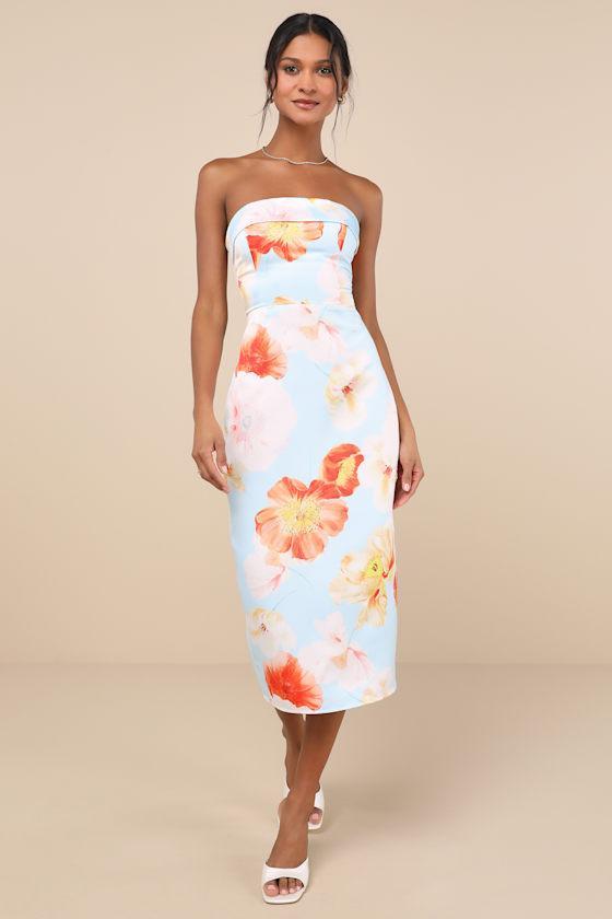 Oriana Light Blue Floral Satin Strapless Midi Dress Product Image