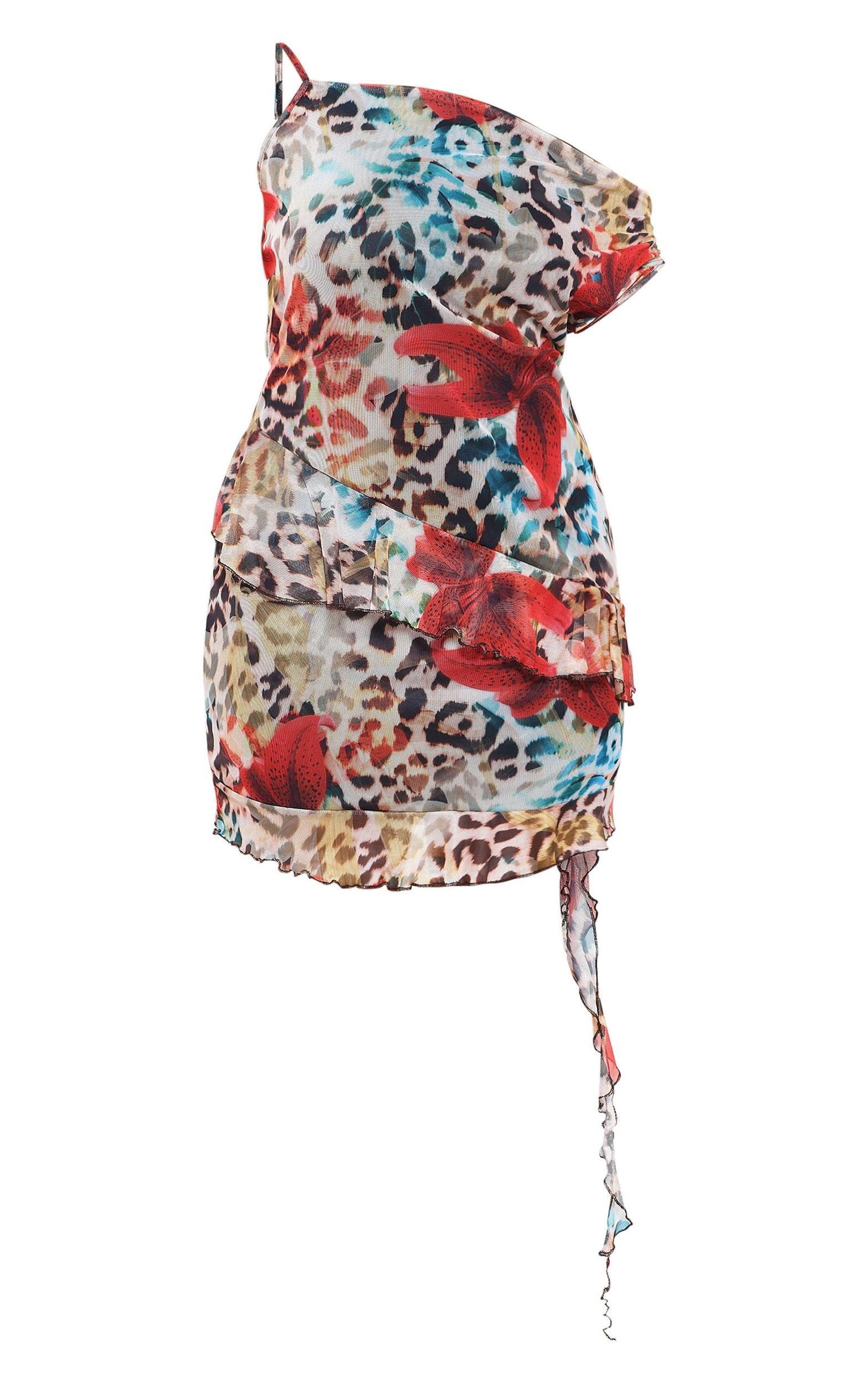 Plus Multi Print Asymmetric Neck Frill Detail Bodycon Dress Product Image