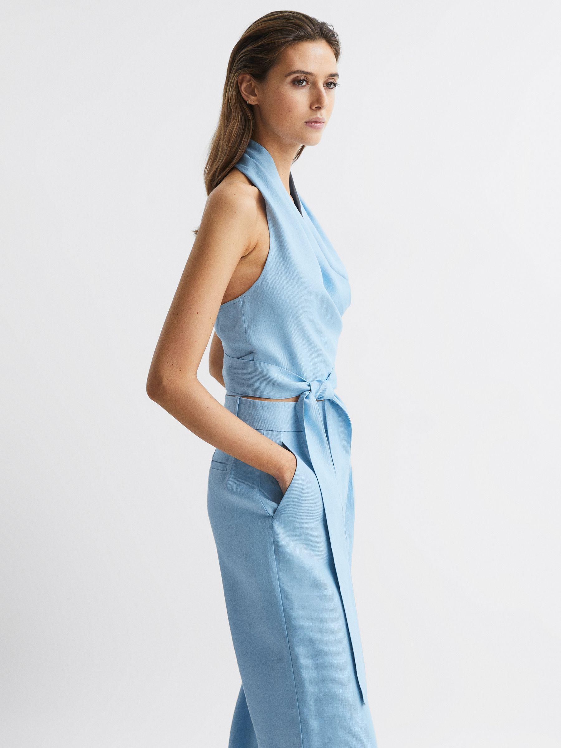Halter Neck Linen Blend Crop Top in Blue Product Image