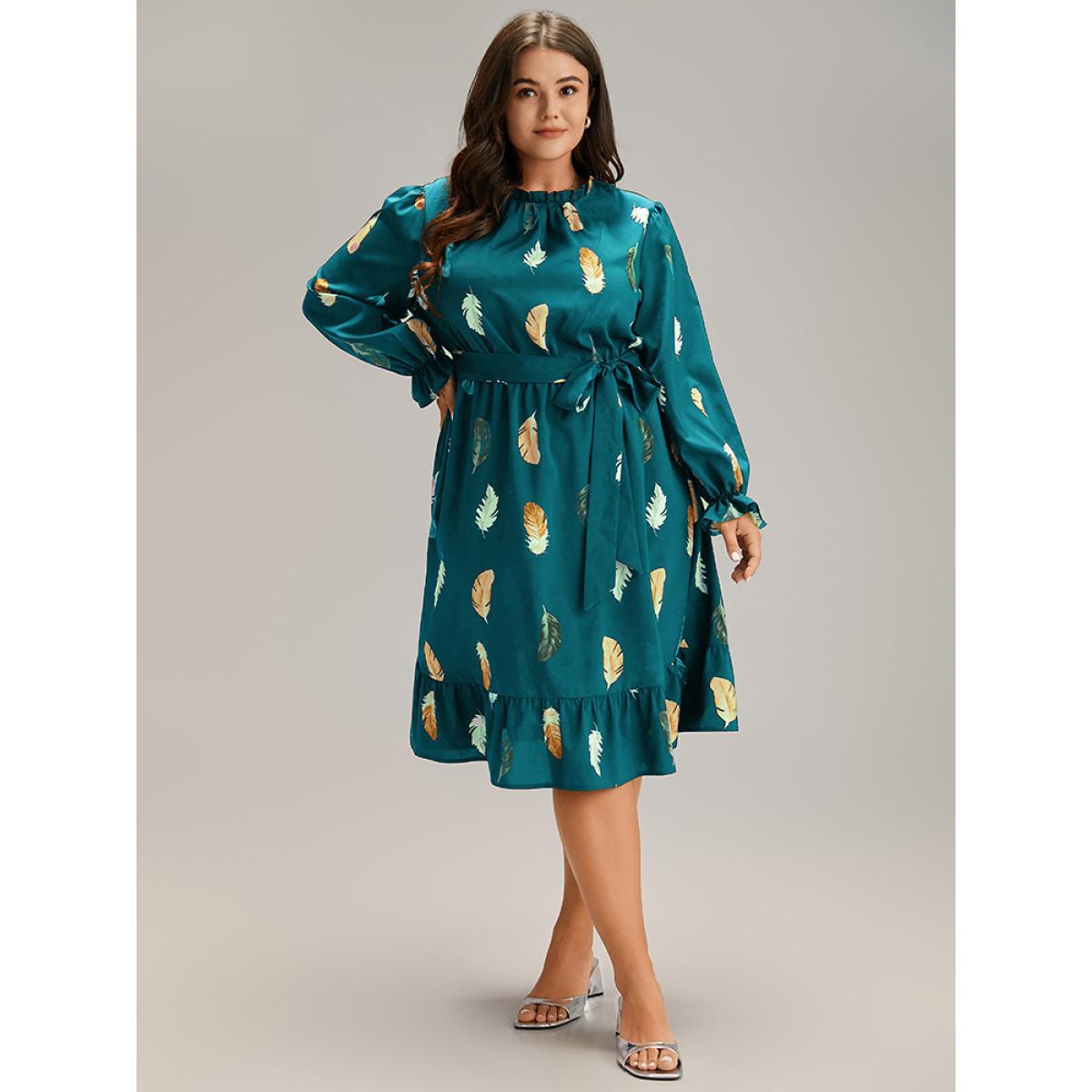Plus Size Feather Print Frill Trim Belted Ruffle Hem Dress Teal Women At the Office Gathered Stand-up collar Long Sleeve Curvy Knee Dress BloomChic 28/5X Product Image
