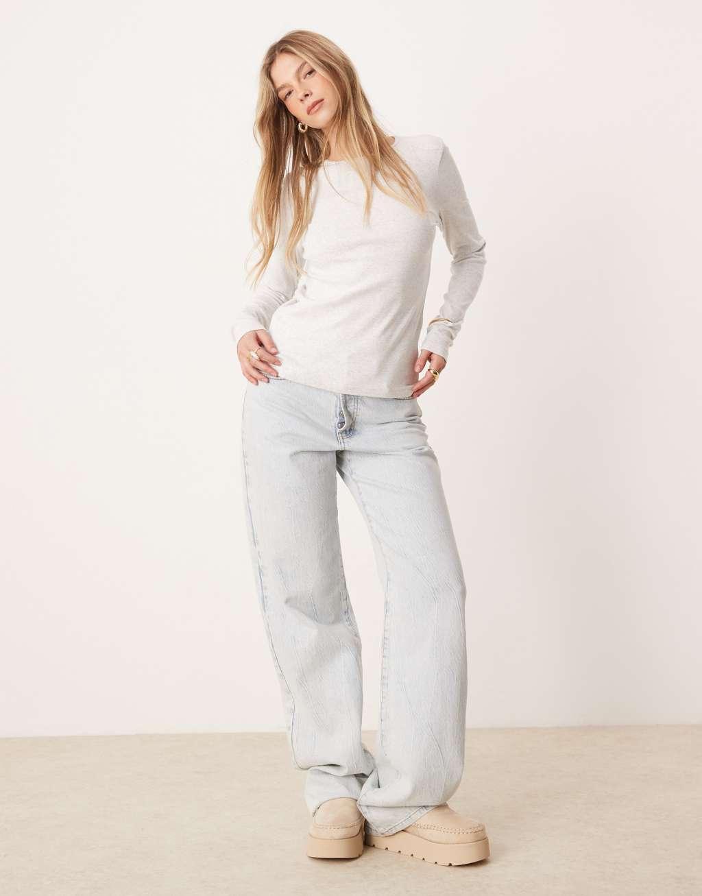 Gina Tricot jersey rib round neck long sleeve top in gray melange Product Image