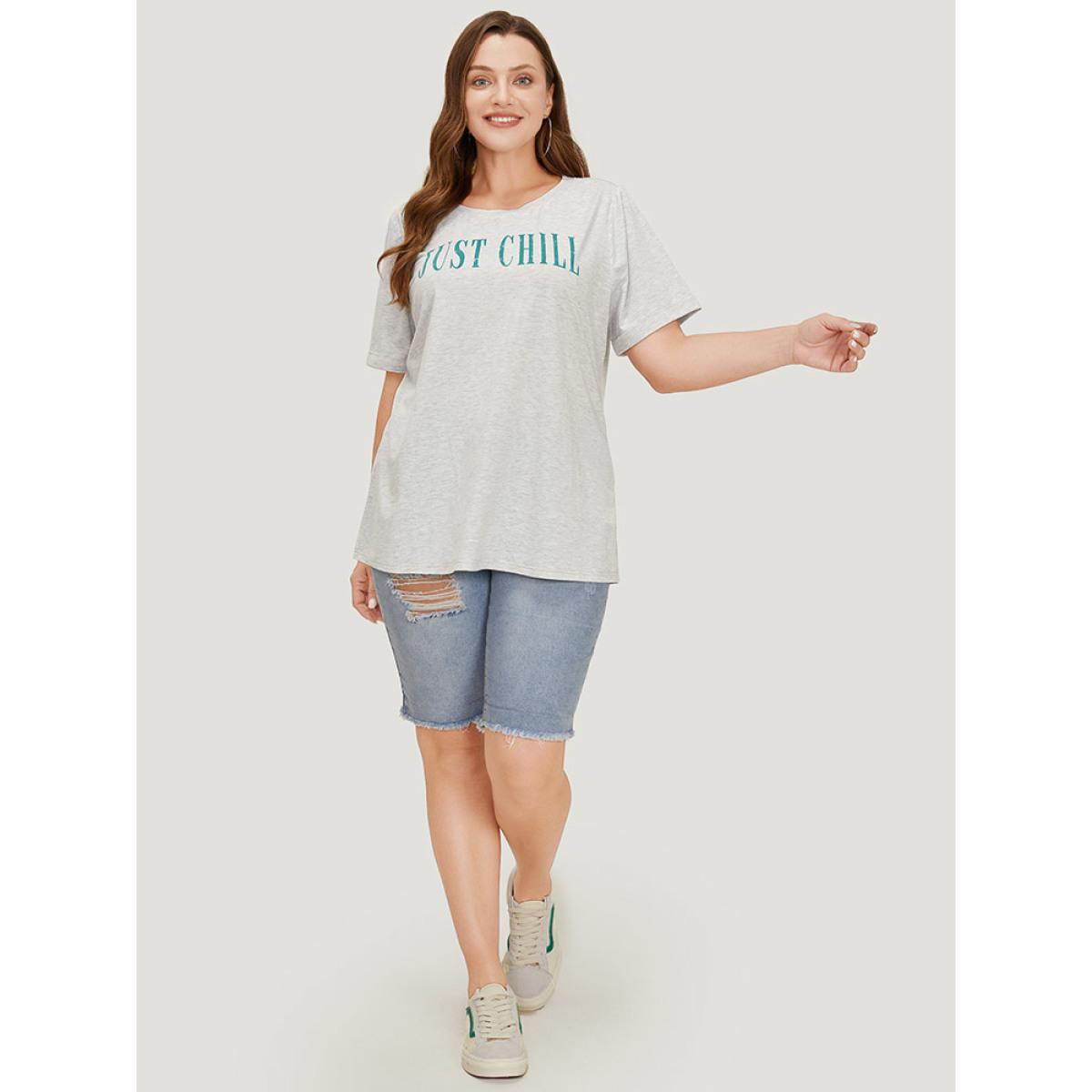 Plus Size Letter Print Short Sleeve Heather T-shirt LightGray Women Casual Heather Graphic Dailywear T-shirts BloomChic 10/M Product Image