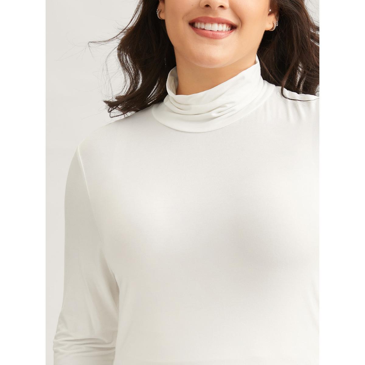 Plus Size Supersoft Essentials Solid Funnel Neck Knit T-shirt White Women Elegant Plain Plain Ruffled collar Bodycon Dailywear T-shirts BloomChic 10/M Product Image