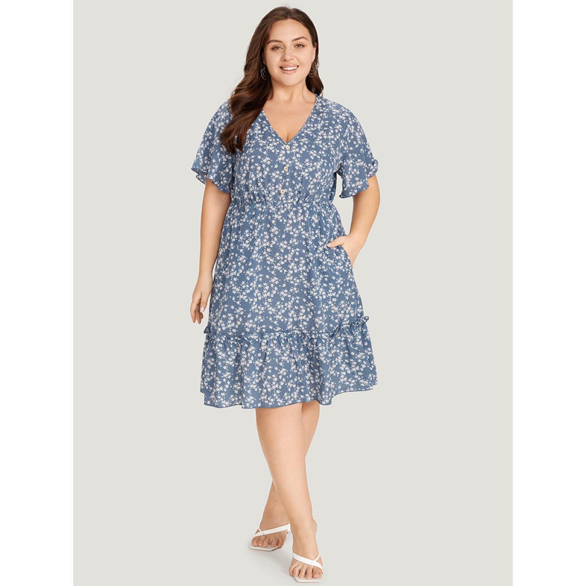 Plus Size Ditsy Floral Elastic Waist Button Detail Pocket Ruffles Dress LightBlue Women Elegant V-neck Short sleeve Curvy Midi Dress BloomChic 14-16/1X Product Image